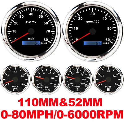 6 Gauge Set 110mm GPS Speedometer 80MPH&Tacho&52mm Fuel Level 0-190ohm/Temp/Volt - Image 1 of 4