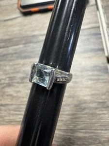 Aquamarine Wedding Ring 14K White Gold Size 3 Small - Picture 1 of 8