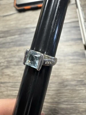 Aquamarine Wedding Ring 14K White Gold Size 3 Small - Image 1 of 4