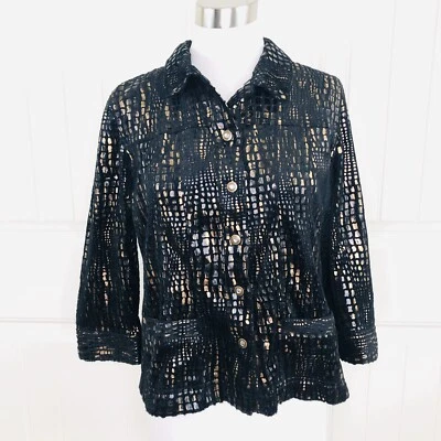 Chaqueta JM Collection Petite para mujer negra metálica dorada con textura de serpiente talla 12P Foto 1 de 4