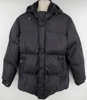 Abrigo Kenneth Cole Puffer Para Hombres L Chaqueta Negro Plumón Pluma Aislada Capucha Parka Foto 1 de 4