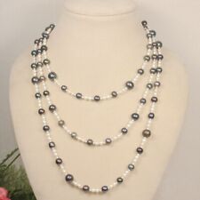 Genuine 4-10mm White Black round Fresh Water Cultured Pearl Necklace 40"-50"