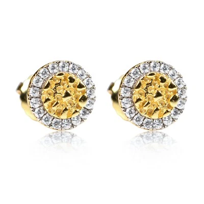 Aretes redondos de hip hop de pepita circular de plata de ley 925 de oro helado de 14 quilates para hombre Foto 1 de 4