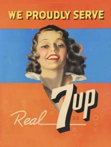 WE PROUDLY SERVE REAL 7 UP 16" HEAVY DUTY USA MADE METAL SODA ADVERTISING SIGN - Picture 1 of 1