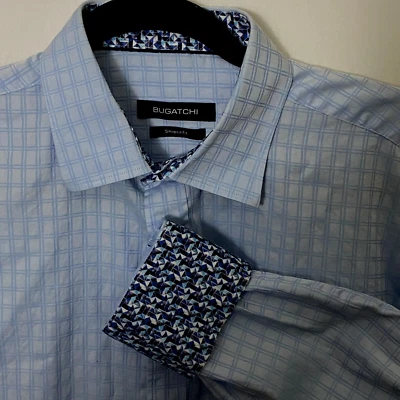 Bugatchi Men's Shirt M Blue Check Flip Cuffs Shaped Fit NO Size Tag Check Msmnts - Image 1 of 4