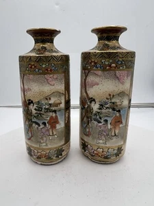PAIR Japanese Satsuma Porcelain Hand Painted Vases GOLD ACCENTED MEIJI As Is - Picture 1 of 14