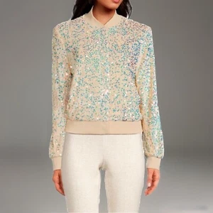 Chaqueta Bomber Nanette Nanette Lepore Terciopelo Lentejuelas Para Mujer XL Crema - Imagen 1 de 3