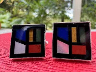 Gemelos cuadrados vintage modernistas de plata de ley 925 con incrustaciones de piedras preciosas GF MW Foto 1 de 4