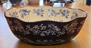 TEMPTATIONS Presentable Ovenware Blue Floral Lace Bowl Oval Scalloped 2.5 qt. - Picture 1 of 10