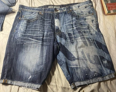 Pantalones cortos de mezclilla para hombre Akoo tostados lavado ácido 42" cintura desgastados y2k bandera de EE. UU. Foto 1 de 4
