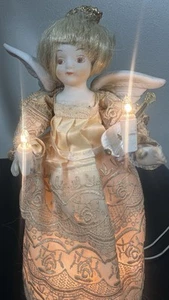 Vintage Weihnachten 9" Lichter Engel Baumspitze Porzellankopf Flügel - Gold Kleid - Bild 1 von 6