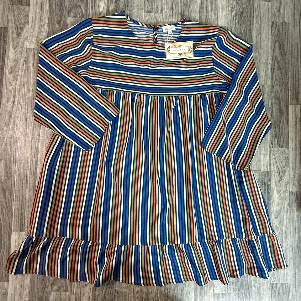 Vestido túnica boho Velzera nuevo con etiquetas 3XL azul a rayas manga larga con volantes dobladillo Foto 1 de 4