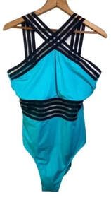 Boutique türkis 1-teiliger Badeanzug schwarz gestreift durchsichtige Träger Übergröße 1X - Bild 1 von 11