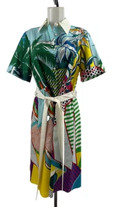 Vestido Camisa Midi MARY KATRANTZOU Manga Corta Multicolor Estampado St Tropez Talla 8 - Imagen 1 de 9