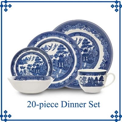 Blue Willow 20-pcs Dinner Set Ceramic Serving Plates Bowls Saucers Cups Antique - Image 1 of 3
