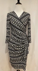 New York And Company Black & White Geo Print Ruffle Mock Wrap Dress, Size XS - Picture 1 of 12