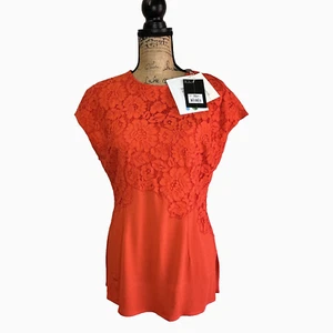 By Malene Birger Coral Red Floral Lace Overlay Blouse Cap Sleeve Top Sz L - Picture 1 of 13