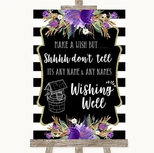 Letrero de boda personalizado con mensaje de deseos morado rayas blancas y negras - Imagen 1 de 8