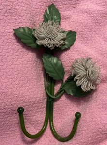 Vintage Decorative White Beaded Flower Metal Coat Hook Possibly Italian? - Picture 1 of 5