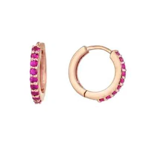 14k Solid Rose Gold 12mm Round Natural Ruby Huggie Hoop Earrings gift for Her - Picture 1 of 4