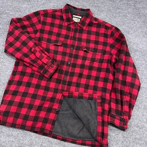 LL Bean Shacket Mens L Red Black Buffalo Plaid Flannel Fleece-Lined Shirt Jacket - Picture 1 of 9