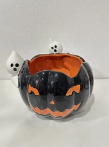 Toil & Trouble Black Jack O Lantern Pumpkin w/ 3D Ghosts Halloween Candy Bowl - Picture 1 of 5