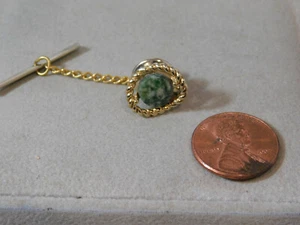 Vintage Green Moss Agate Stone Gold tone Tie Tack Tac Stay Chain 2b 36 - Picture 1 of 3