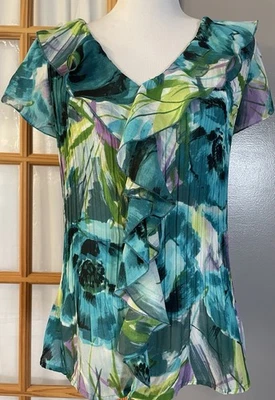 Blusa Floral Plisada East 5th Talla M Volantes Verde Púrpura Ciudad Fiesta Cottagecore Foto 1 de 4