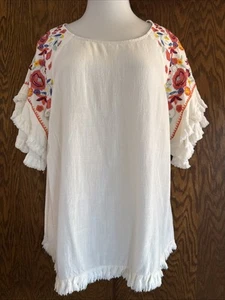 Umgee Embroidery Round Neck Top With Unfinished Frayed Hem Off White Size XL - Foto 1 di 5