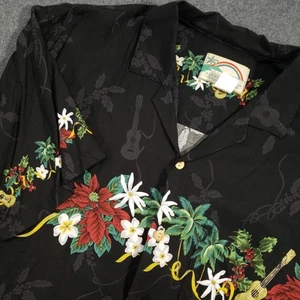 Camicia hawaiana vintage Paradise Found uomo grande nera rayon Natale Poinsettia - Foto 1 di 8