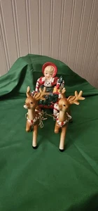 Vtg Signed 1956 LEFTON Ceramic Christmas Girl Candy Cane Sleigh 2 Reindeer Japan - Picture 1 of 20