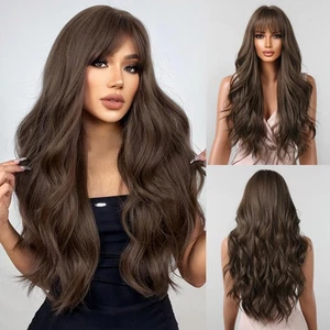 Long Brown Wig with Bangs Wavy Wigs for Women, 26 Inch Synthetic Hair Wig for... - Bild 1 von 8
