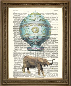ELEPHANT DICTIONARY ART PRINT Flying in Montgolfier Hot Air Balloon! - Picture 1 of 2