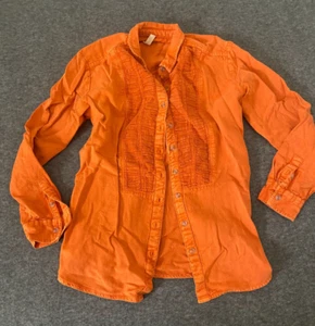 PILCRO Anthropologie Denim Shirt Orange Pleat Placket Cotton Linen S RN66170 - Picture 1 of 18