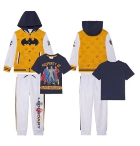 Justice League DC 3 Piece Set Boys 5 Graphic Tee Snap Hooded Jacket Jogger Pant - Picture 1 of 9