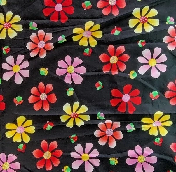 Vintage Flower Power Benartex Cherry Jubilee Cotton Quilt Fabric Floral Black - Image 1 of 4