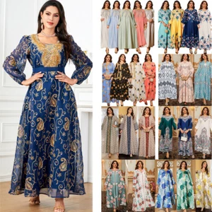 Women Muslim Abaya Maxi Dress Evening Kaftan Long Robe Floral Printed Arab Gown - Picture 1 of 406