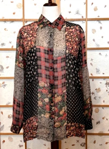 Coldwater Creek Womens Chiffon Top Patchwork Patterned Sheer Long Sleeve Small - Picture 1 of 9