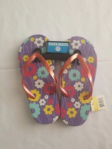 Beach Basics Girls Purple Floral Flip Flops - Size 2/3 - Picture 1 of 8
