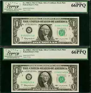 CONSEC PAIR: $1 1963 Mule FACE of FRN + BACK of SILVER CERT LCGS Gem New 66PPQ - Picture 1 of 2