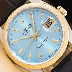 Rolex Uomo Datejust 16233 Ghiaccio Blu 18K Oro Acciaio Orologio Con / Nero Pelle - Foto 1 di 8