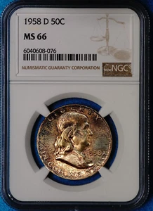 1958-D Franklin Half Dollar Silver UNC NGC MS66 Deep Tone, Nice Bell Lines,  076 - Picture 1 of 4