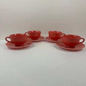 Set of 4 Vintage Hazel Atlas Salmon Pink Milk Glass Teacups with Saucers - Picture 1 of 14