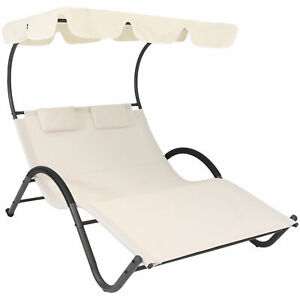 Outdoor Lounge Bed with Canopy Headrest Pillows Double Chaise Pool Patio Beige