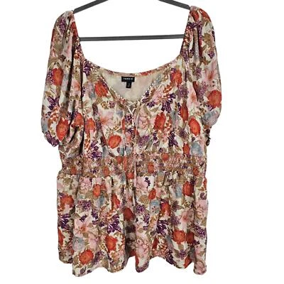Torrid Top Floral Blouse Women 3X Multi Puff Sleeve Blouse Babydoll Top Smocked - Image 1 of 4