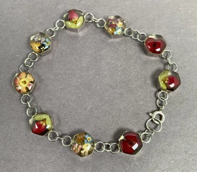 Pulsera ajustable vintage de resina plateada con flores para damas hecha a mano - 7" Foto 1 de 4