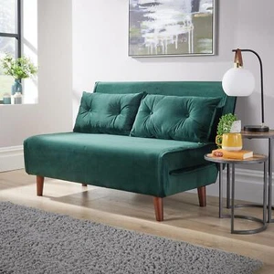 Doppel Schlafsofa Klappstuhl Samt Grün Holzbeine Zwei Kissen Wohnmöbel - Bild 1 von 11