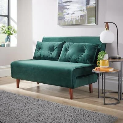 Double Sofa Bed Folding Chair Velvet Green Wooden Legs Two Pillow Home Furniture - Image 1 of 4
