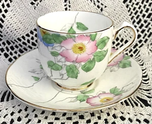 Adderley Bone China Demitasse Cup & Saucer, Pink & Blue Floral Design, England - Picture 1 of 7