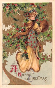 1910 Schmucker Holly Bound Pretty Girl Merry Christmas post card Winsch - Picture 1 of 2